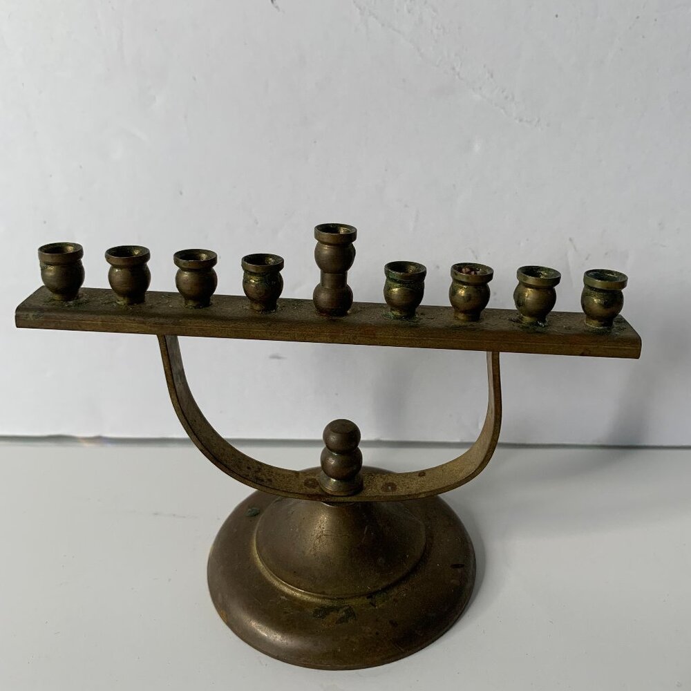 MINI BRASS MENORAH FROM 1930s MARKED R.C.  4.5" BY 3"